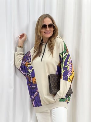 Bej Yarasa Kol Baskılı Sweatshirt