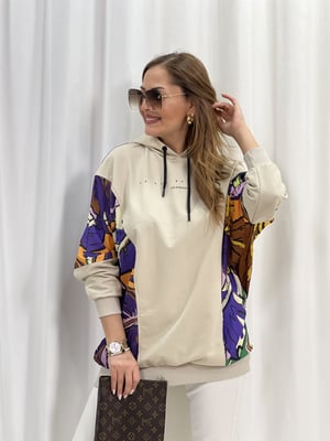 Bej Yarasa Kol Baskılı Sweatshirt