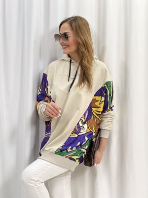 Bej Yarasa Kol Baskılı Sweatshirt