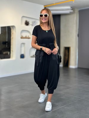 Bel Büzgülü Ön Cepli Siyah Şalvar Tulum