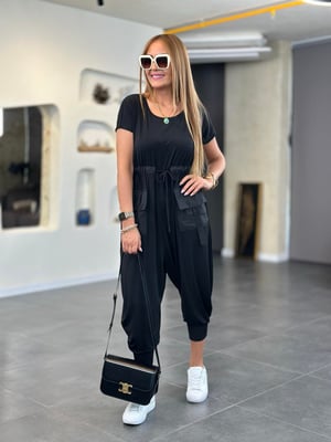 Bel Büzgülü Ön Cepli Siyah Şalvar Tulum