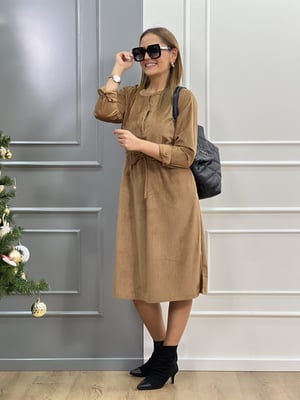 Belden Bağcıklı Bej Kadife Elbise
