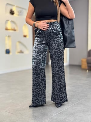 Beli Lastikli Saten Siyah Leopar Pantolon