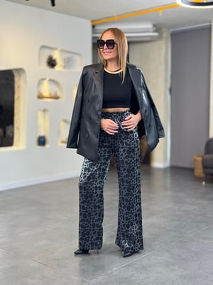 Beli Lastikli Saten Siyah Leopar Pantolon