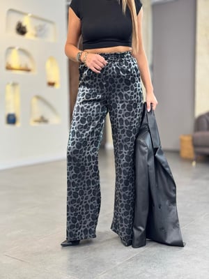 Beli Lastikli Saten Siyah Leopar Pantolon