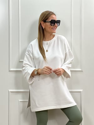 Beyaz Basic Yırtmaçlı Sweatshirt