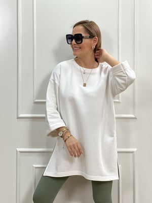 Beyaz Basic Yırtmaçlı Sweatshirt
