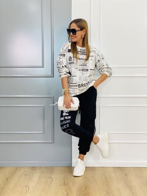 Beyaz Gazete Baskılı Sweatshirt