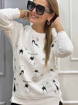 Beyaz Kedi Baskılı Sweatshirt
