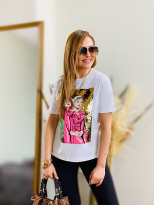 Beyaz Pul Payetli Baskılı Tshirt
