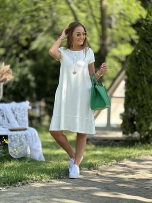 Bisiklet Yaka Cepli Ekru Basic Elbise