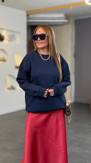 Bisiklet Yaka Lacivert Basic Sweatshirt