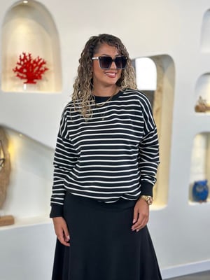 Bisiklet Yaka Siyah Beyaz Çizgili Sweatshirt