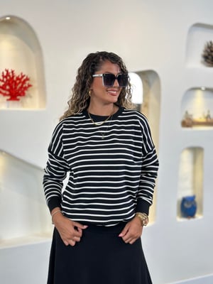 Bisiklet Yaka Siyah Beyaz Çizgili Sweatshirt