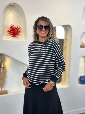 Bisiklet Yaka Siyah Beyaz Çizgili Sweatshirt