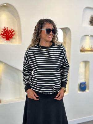 Bisiklet Yaka Siyah Beyaz Çizgili Sweatshirt