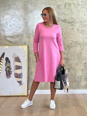 Bisiklet Yaka Uzun Kol Pembe Basic Elbise