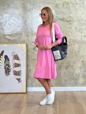 Bisiklet Yaka Uzun Kol Pembe Basic Elbise