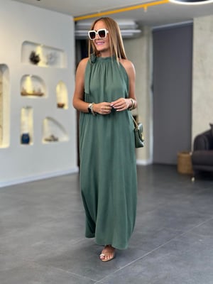 Boyundan Bağlamalı Haki Maxi Elbise
