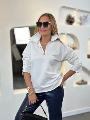 Büyük Yaka Fermuar Detay Ekru Sweatshirt