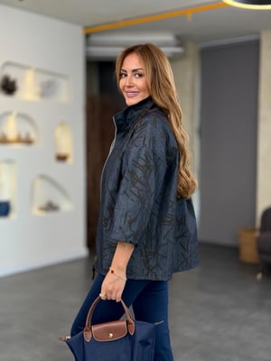 Büyük Yaka Lacivert Desenli Fermuarlı Gabardin Ceket