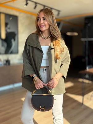 Büyük Yaka Önden Çıtçıtlı Gabardin Haki Ceket