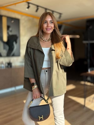 Büyük Yaka Önden Çıtçıtlı Gabardin Haki Ceket