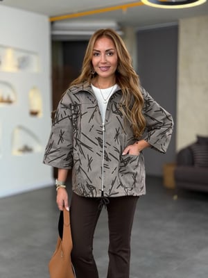 Büyük Yaka Vizon Desenli Fermuarlı Gabardin Ceket