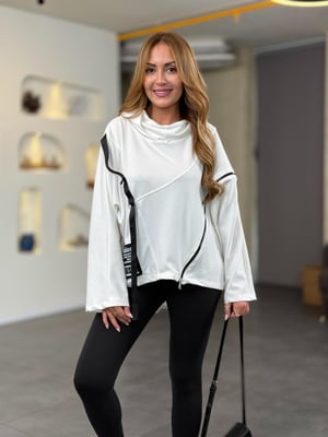 Çapraz Fermuarlı Degaje Yaka Beyaz Sweatshirt