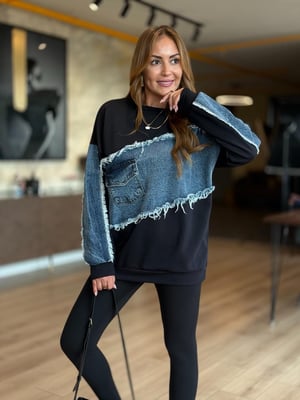 Çapraz Jean Garnili Siyah Pamuk Sweatshirt