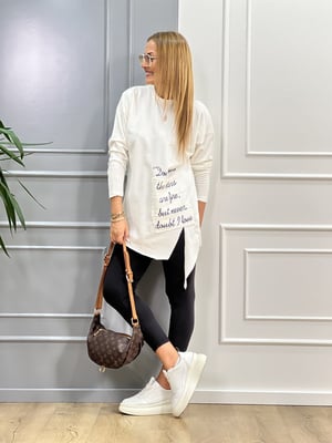 Cep Baskılı Kesikli Beyaz Sweatshirt