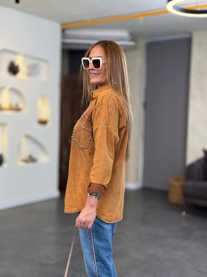 Cep Zımbalı Yırtıklı Taba Gabardin Yıkamalı Gömlek