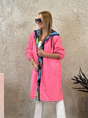 Çift Taraflı Mavi Pembe Desenli Oversize Yağmurluk