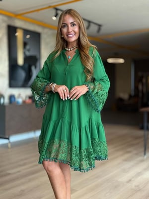 Dantelli Ponpon Detay Oversize Yeşil Elbise