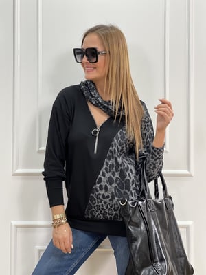 Degaje Yaka Gri Leopar Bluz