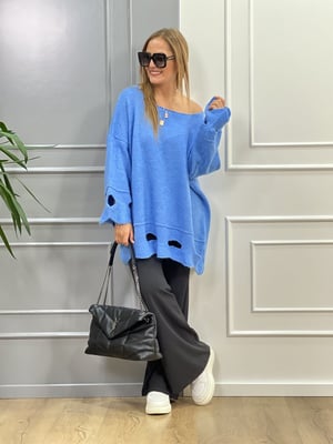 Delikli Yumoş Oversize Mavi Kazak