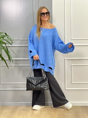 Delikli Yumoş Oversize Mavi Kazak