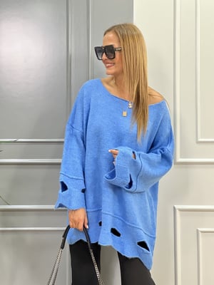 Delikli Yumoş Oversize Mavi Kazak