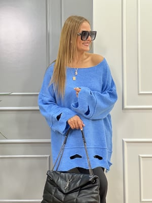 Delikli Yumoş Oversize Mavi Kazak