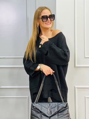 Delikli Yumoş Oversize Siyah Kazak