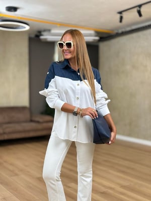 Denim Detaylı Kol Düğmeli Beyaz Poplin Gömlek