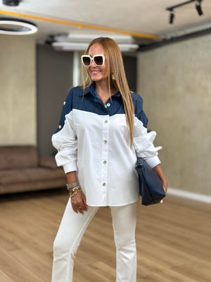 Denim Detaylı Kol Düğmeli Beyaz Poplin Gömlek