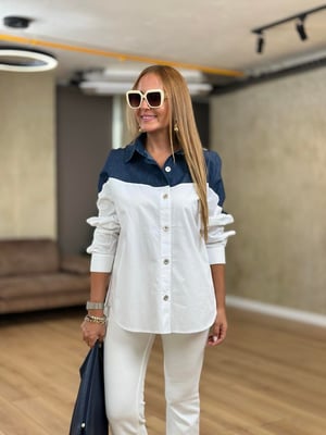 Denim Detaylı Kol Düğmeli Beyaz Poplin Gömlek