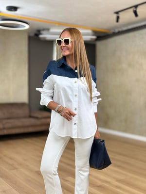 Denim Detaylı Kol Düğmeli Beyaz Poplin Gömlek