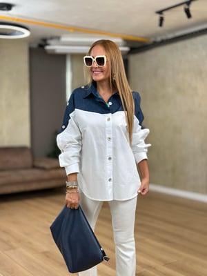 Denim Detaylı Kol Düğmeli Beyaz Poplin Gömlek