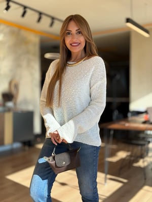 Dokulu Kayık Yaka Ekru Triko