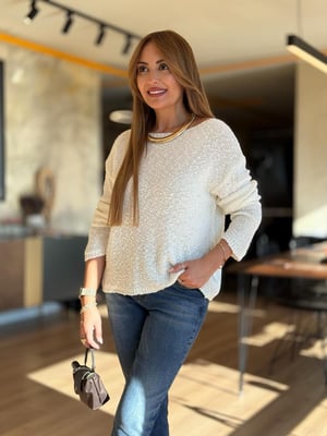 Dokulu Kayık Yaka Ekru Triko