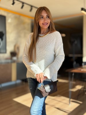 Dokulu Kayık Yaka Ekru Triko