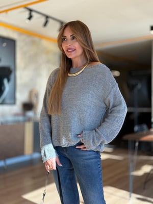 Dokulu Kayık Yaka Gri Triko