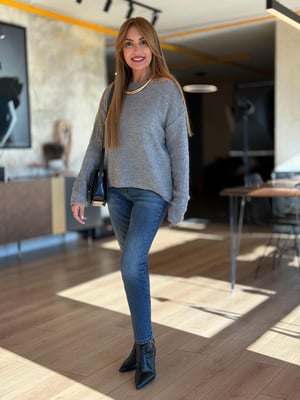 Dokulu Kayık Yaka Gri Triko